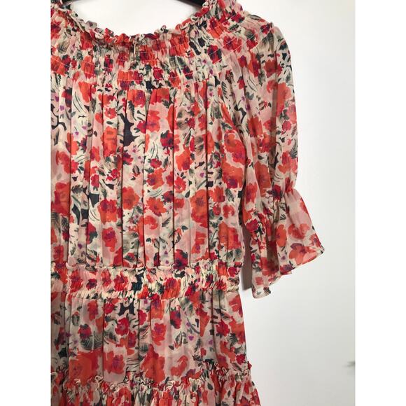 Misa Los Angelas Off the Shoulder Smocked Short Mini Dress Red Floral Small Cute - Picture 6 of 11